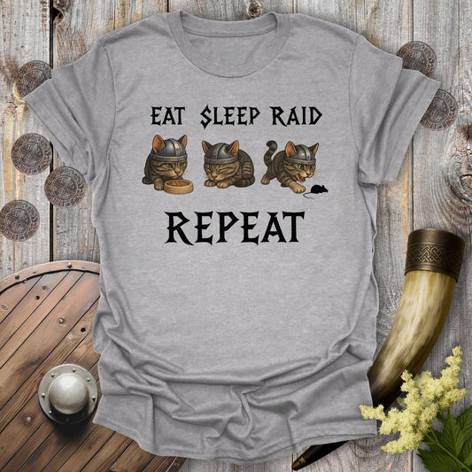 Eat Sleep Raid Repeat Viking Cat Black Text T-shirt