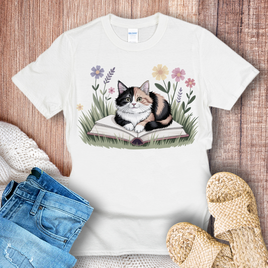 Cat on a Book in the Grass T-shirt