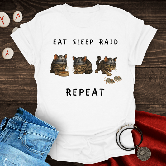 Eat Sleep Raid Repeat Viking Cat Black Text T-shirt