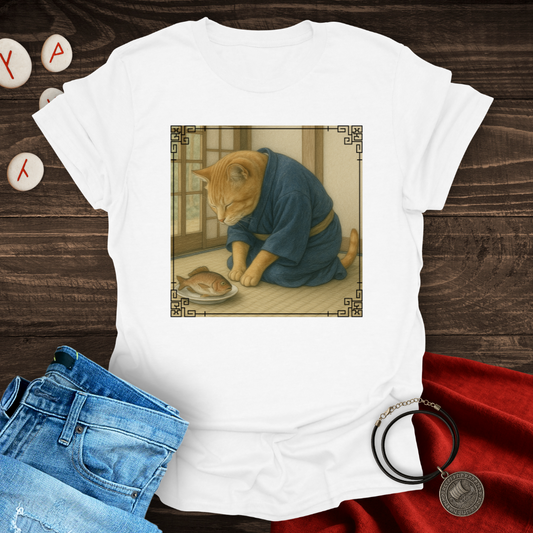 Samurai Cat and Fish – Japanese Art-Inspired Feline Graphic T-Shirt