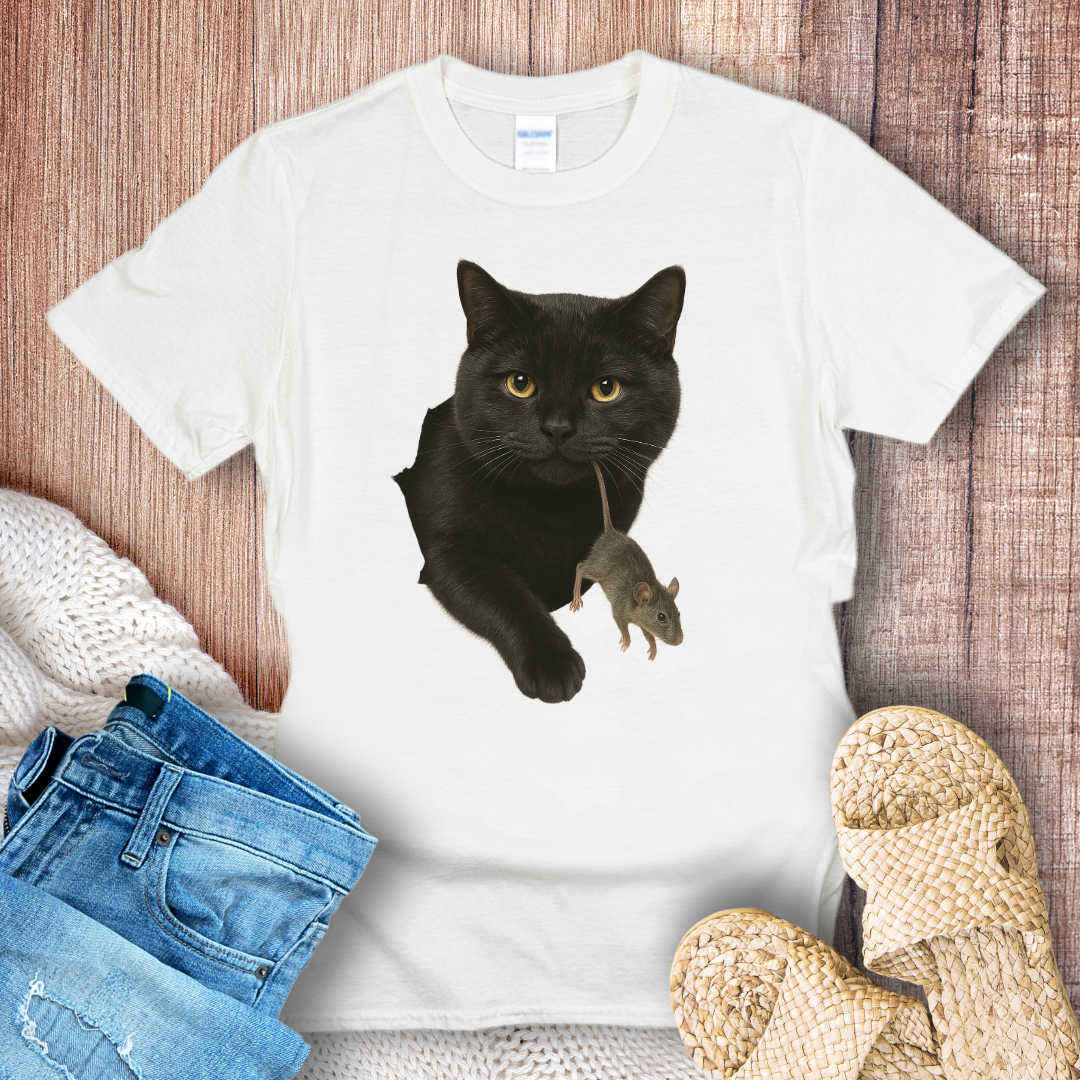 Black Cat with Mouse in Hole T-shirt