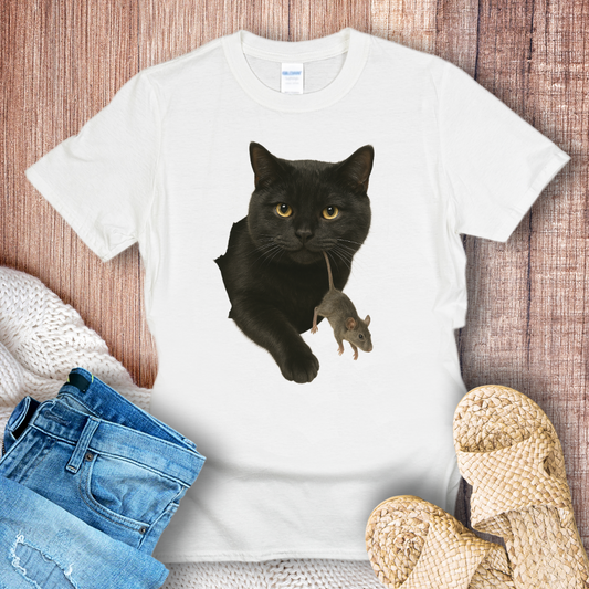 Black Cat with Mouse in Hole T-shirt