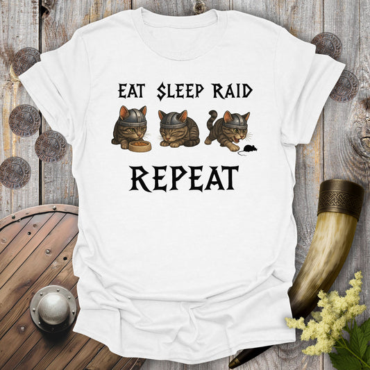 Eat Sleep Raid Repeat Viking Cat Black Text T-shirt